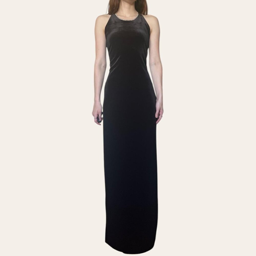 Onyx Nite 90s black velvet x-back diamante high neck formal dress vintage Medium - Picture 4 of 7